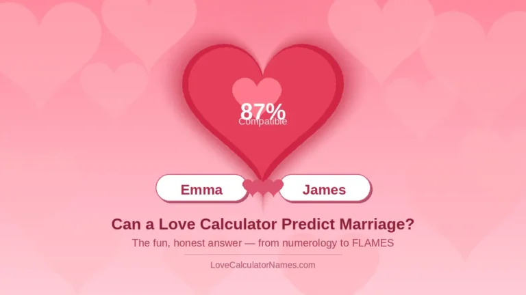 A love calculator showing name compatibility between Emma and James with a heart and 87% match score.