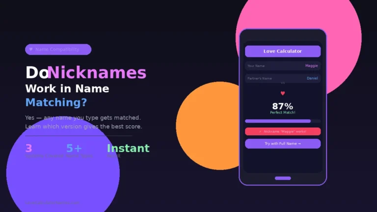 A person typing a nickname into a name matching love calculator on a phone with a colorful compatibility score displayed on screen