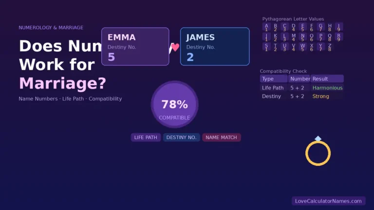 Couple's names with numerology numbers and a compatibility score illustrating does numerology work for marriage