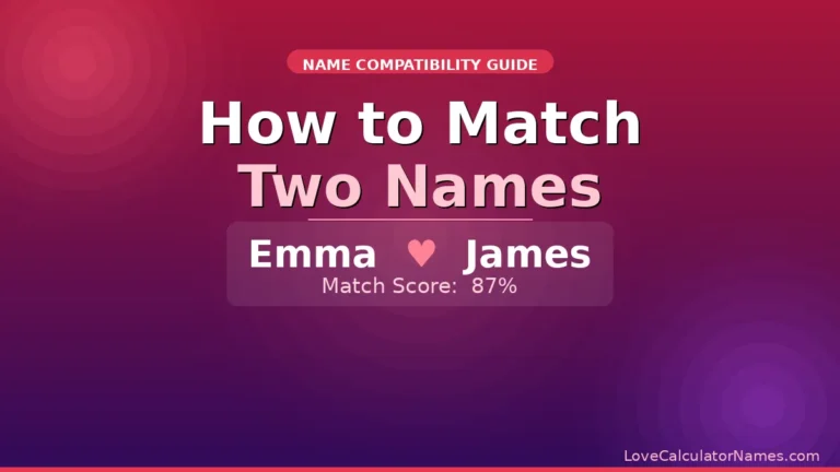Two names Emma and James shown side by side with a heart and match score, illustrating how to match two names