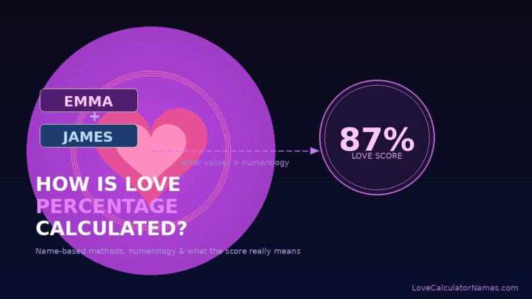 Diagram showing how love percentage is calculated using names EMMA and JAMES with a score of 87%