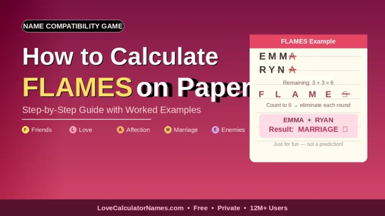 A handwritten FLAMES compatibility example on paper showing names EMMA and RYAN with a crossed-out letter and the result Marriage