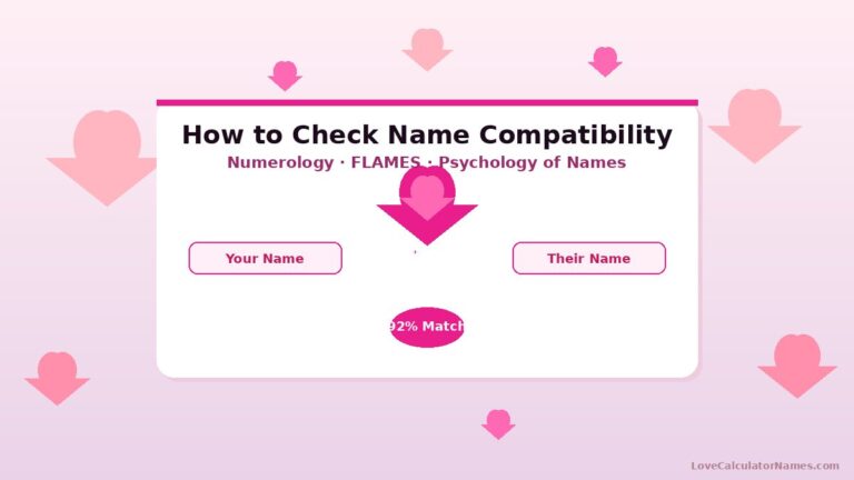 Two names shown side by side with a heart icon illustrating how to check name compatibility using a free online tool