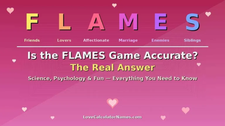A colorful FLAMES game letter chart showing Friends Lovers Affectionate Marriage Enemies Siblings with hearts for compatibility fun