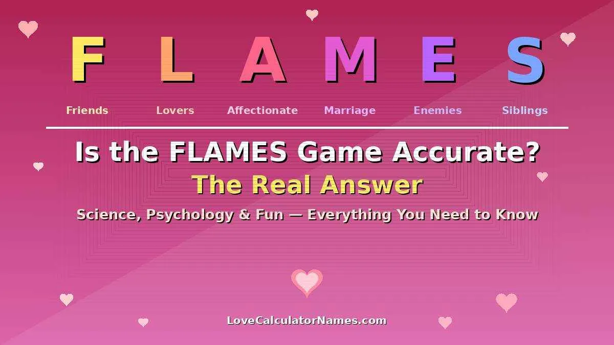 A colorful FLAMES game letter chart showing Friends Lovers Affectionate Marriage Enemies Siblings with hearts for compatibility fun