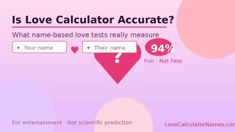 Illustrated graphic asking is love calculator accurate, showing two name input boxes and a 94% score for fun