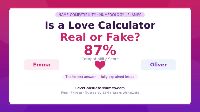 A love calculator showing 87% compatibility between two names, illustrating whether a love calculator is real or fake