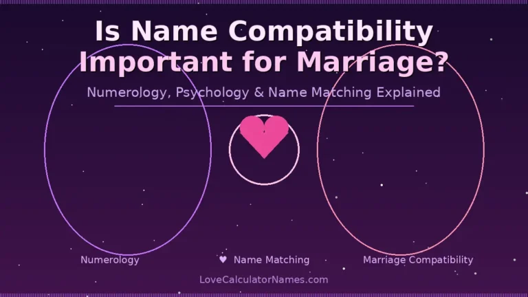 A romantic illustration showing name compatibility for marriage with a heart symbol and star elements on a deep purple background.