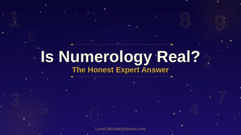 A mystical dark-blue graphic with gold floating numbers and the bold title "Is Numerology Real?" for a numerology blog post.