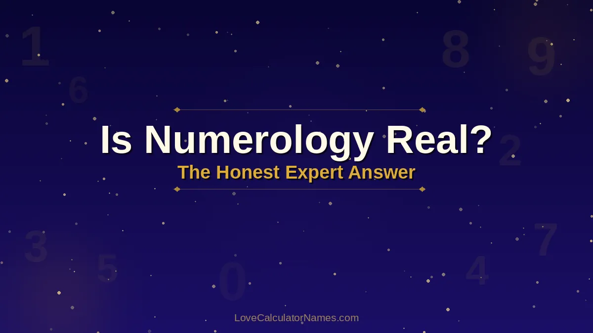 A mystical dark-blue graphic with gold floating numbers and the bold title "Is Numerology Real?" for a numerology blog post.