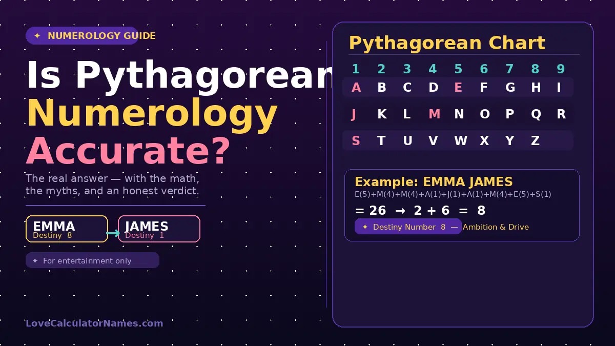 A Pythagorean numerology chart showing letter values A through Z mapped 1 to 9, used to check name compatibility accuracy.