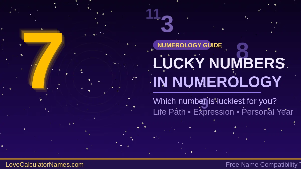 Golden number 7 surrounded by lucky numerology numbers 3 8 9 on a deep purple background