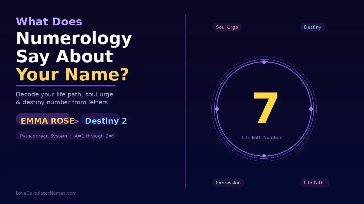 A dark navy graphic showing what numerology says about your name with a glowing number 7 in an orbital ring and name pill examples.
