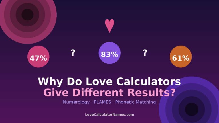 Three love calculator scores showing different results for the same names, illustrating why love calculators give different results